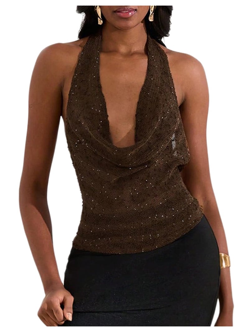 MakeMeChic Women's Sparkly Sequin Tops Cowl Neck Halter Top Blackless Rave Tops Going Out Mocha Brown Large - Image 1