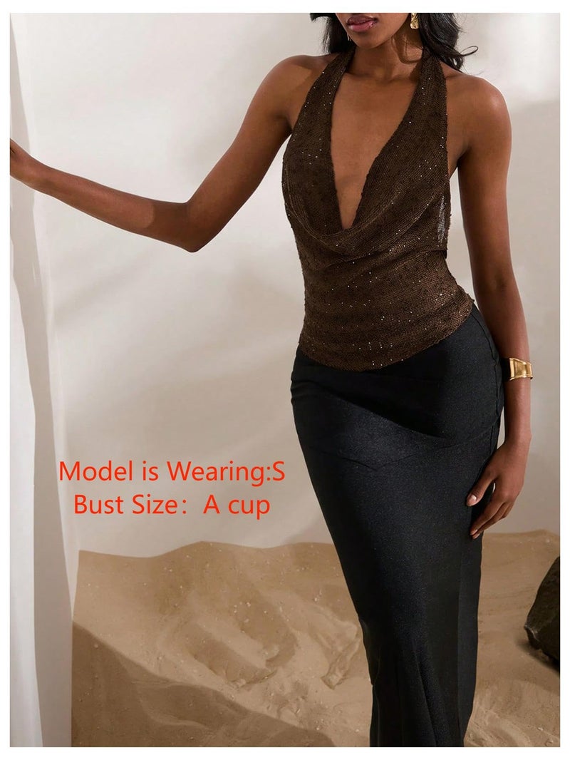 MakeMeChic Women's Sparkly Sequin Tops Cowl Neck Halter Top Blackless Rave Tops Going Out Mocha Brown Large - Image 4