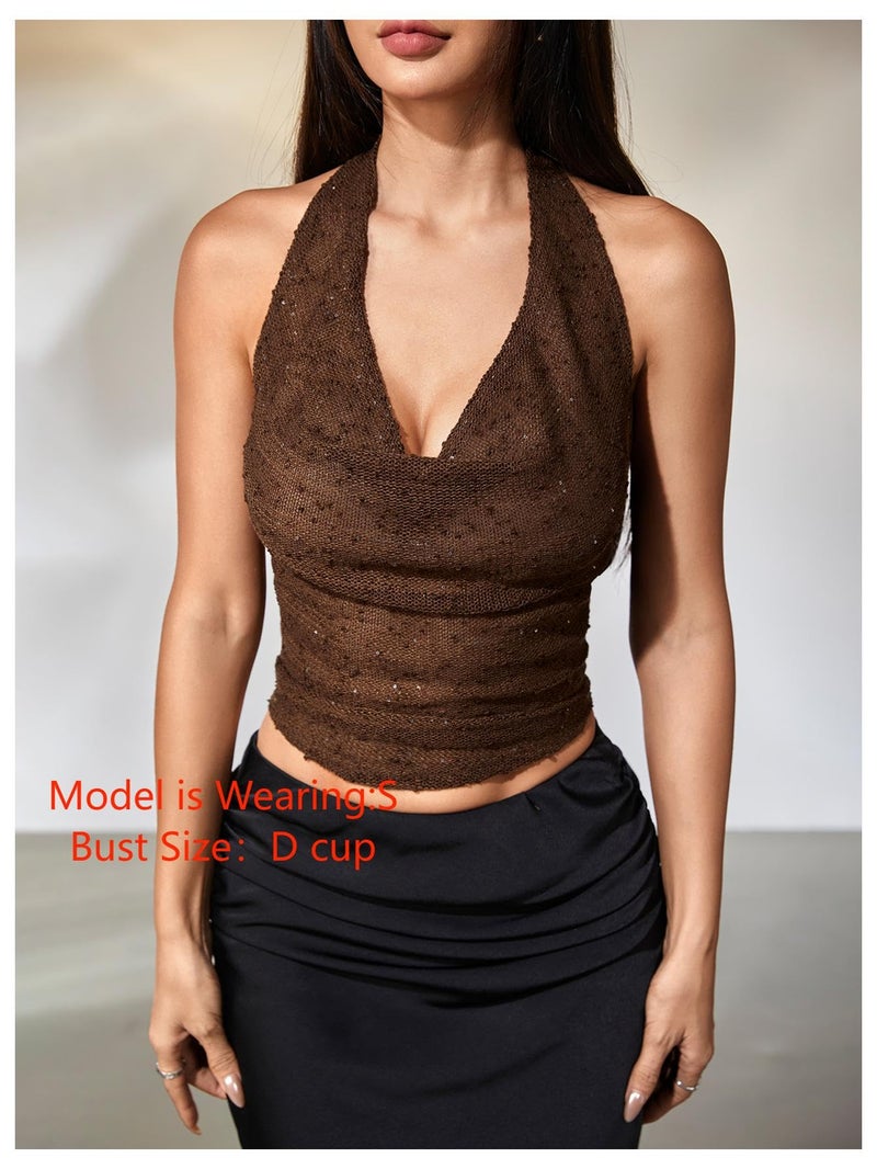 MakeMeChic Women's Sparkly Sequin Tops Cowl Neck Halter Top Blackless Rave Tops Going Out Mocha Brown Large - Image 5