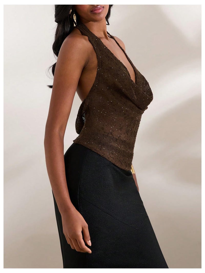 MakeMeChic Women's Sparkly Sequin Tops Cowl Neck Halter Top Blackless Rave Tops Going Out Mocha Brown Large - Image 3
