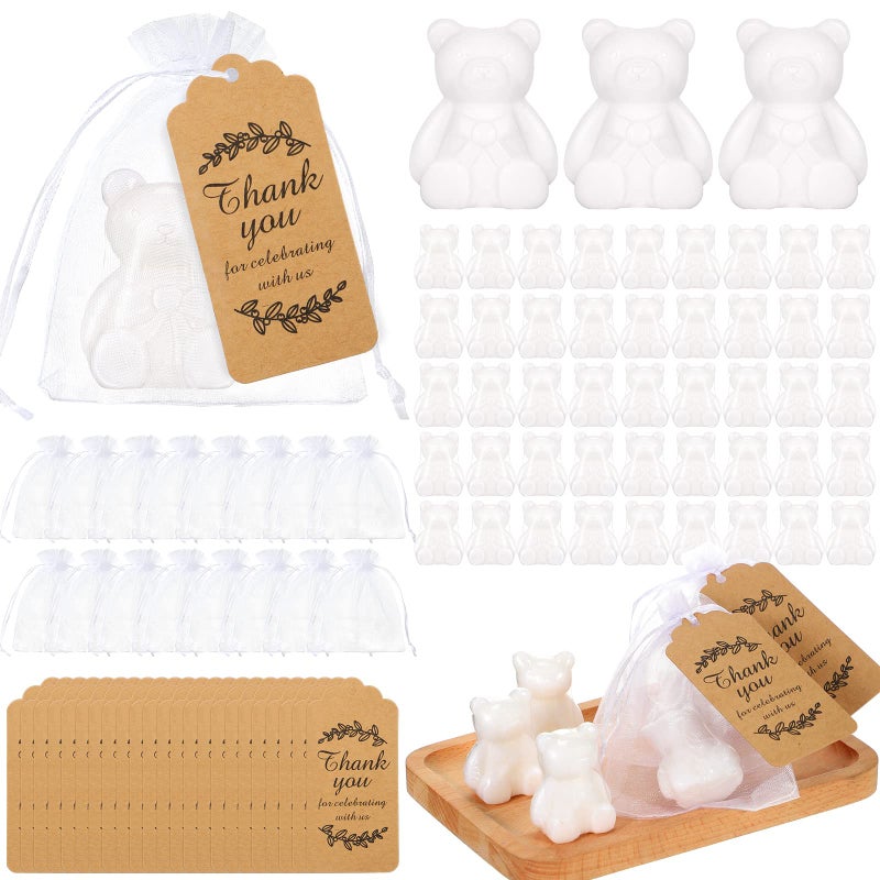 Geosar 50 Pack Bear Soap Favors White Baby Shower Soap Favors with Thank You Cards and Packaging Bags for Boys Girls Kids Baby Shower Decoration Guest Gift Supplies
