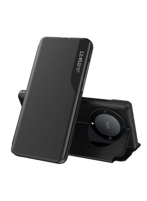 HONOR X9b 5G Side Window Magnetic Bracket Phone Case with Translucent Window, Suitable for HONOR X9b 5G Slim Shockproof Anti-Scratch Non-Slip Leather Full Cover, Black