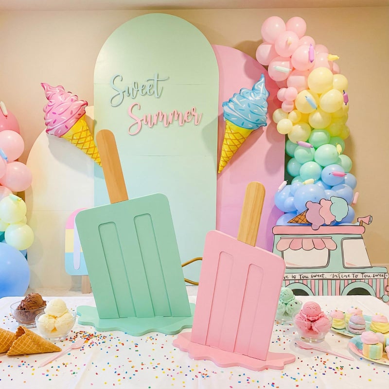 Novabright Ice Cream Party Decorations 2 Pcs 20 Inches Wooden Ice Cream Sign Backdrop for Birthday Summer Baby Bridal Shower Wedding Graduation Bar Party Decor(Pink and Green, Classicl Style) - Image 4