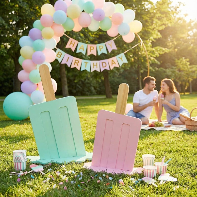Novabright Ice Cream Party Decorations 2 Pcs 20 Inches Wooden Ice Cream Sign Backdrop for Birthday Summer Baby Bridal Shower Wedding Graduation Bar Party Decor(Pink and Green, Classicl Style) - Image 5