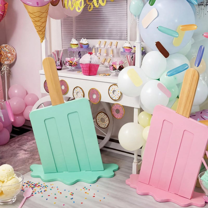Novabright Ice Cream Party Decorations 2 Pcs 20 Inches Wooden Ice Cream Sign Backdrop for Birthday Summer Baby Bridal Shower Wedding Graduation Bar Party Decor(Pink and Green, Classicl Style) - Image 1
