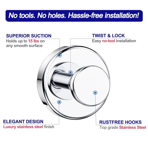 Bntuk Suction Cup Hooks for Shower, Removable Towel Hooks for Bathroom Window Glass Door Wall, Bath Robe Looafh Hook for Hanging - 4 Pack, Chrome - Image 4