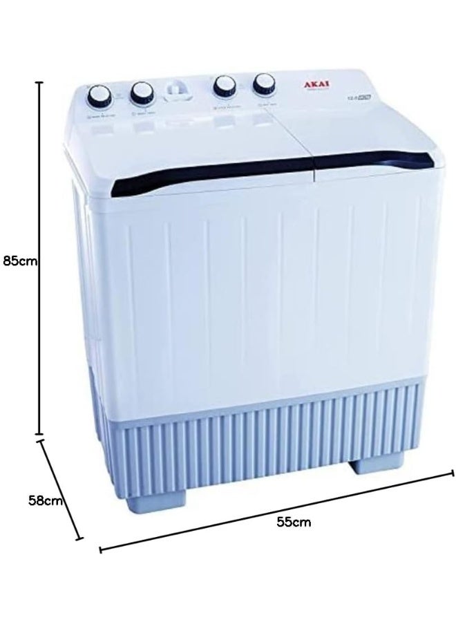AKAI 12kg Twin-Tub, Semi-Automatic Washing Machine, Powerful Pulsator, Energy Efficient, Easy Wash Timer, Spin Timer, White WMMA-X012TT - Image 2