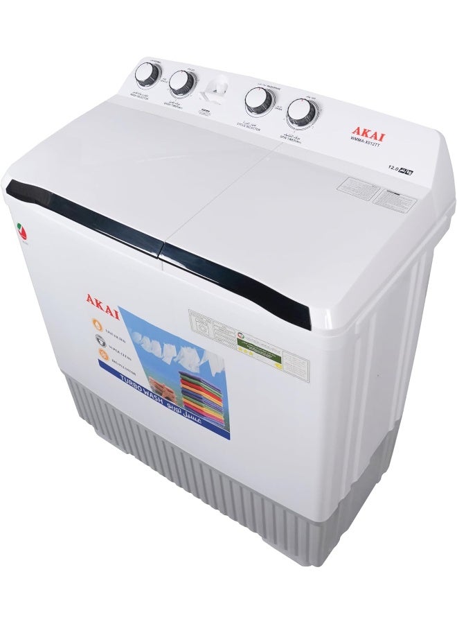 AKAI 12kg Twin-Tub, Semi-Automatic Washing Machine, Powerful Pulsator, Energy Efficient, Easy Wash Timer, Spin Timer, White WMMA-X012TT - Image 3