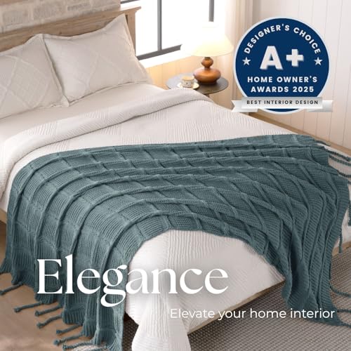 DOWN HOME Boho Knitted Chenille Blanket with Tassels Lightweight Soft AllSeason Throw 3D Classic Pattern for Living Room Bedroom Couch Celestial Blue Throw 50x60 - Image 3