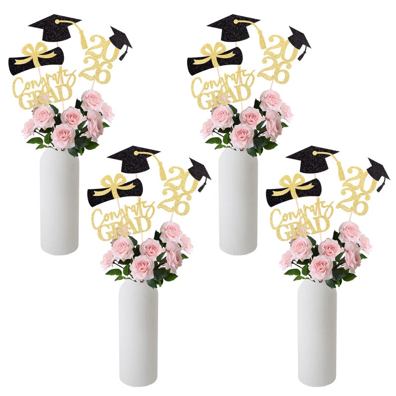 Gexolenu Graduation Decoration Class of 2026 Centerpieces for Table, 2026 Party Centerpieces Grad Cap Sticks Party Supplies, Graduation Party Decoration Toppeers (16 PCS, Gold & Black, Set of 4) - Image 3