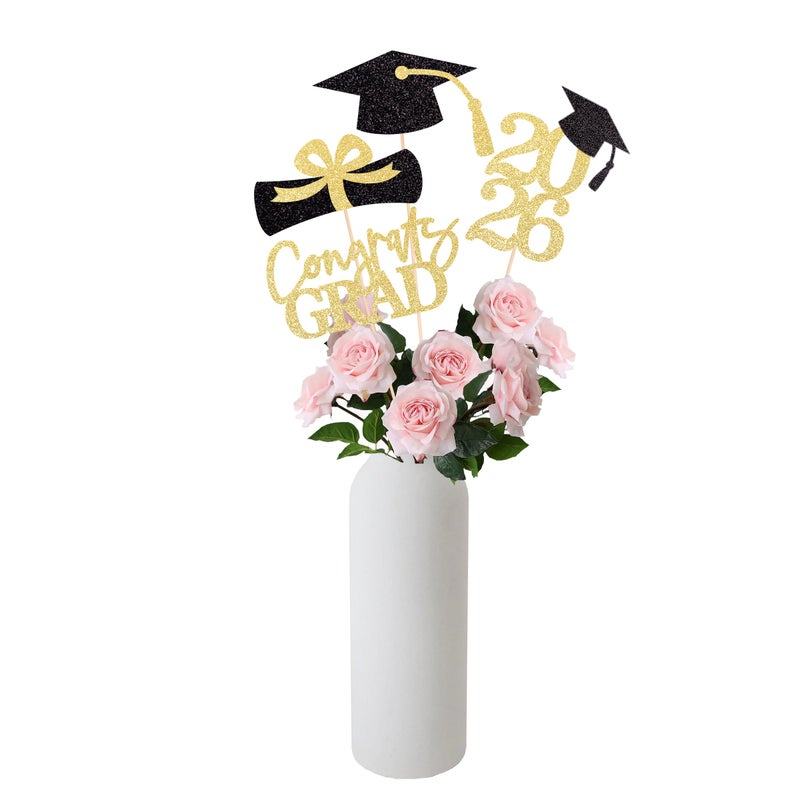 Gexolenu Graduation Decoration Class of 2026 Centerpieces for Table, 2026 Party Centerpieces Grad Cap Sticks Party Supplies, Graduation Party Decoration Toppeers (16 PCS, Gold & Black, Set of 4) - Image 1