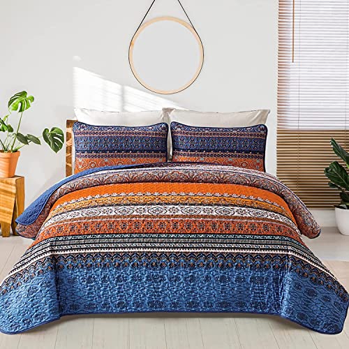 WONGS BEDDING Boho Fall Quilt Full Size 3 Pieces Orange Blue Bohemian Lightweight Microfiber Bed Decor Bedspread for All Season 78x90 Blue Orange Full - Image 1