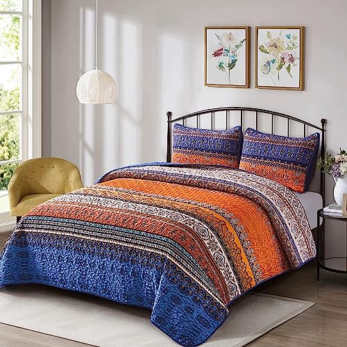 WONGS BEDDING Boho Fall Quilt Full Size 3 Pieces Orange Blue Bohemian Lightweight Microfiber Bed Decor Bedspread for All Season 78x90 Blue Orange Full - Image 3
