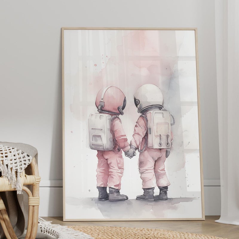 TNESSENTIAL Pink Nursery Decor Space Twin Girls Outer Space Artwork Poster or Canvas, Minimalist Nursery Wall Art, Watercolor Astronaut Space Print - Image 1