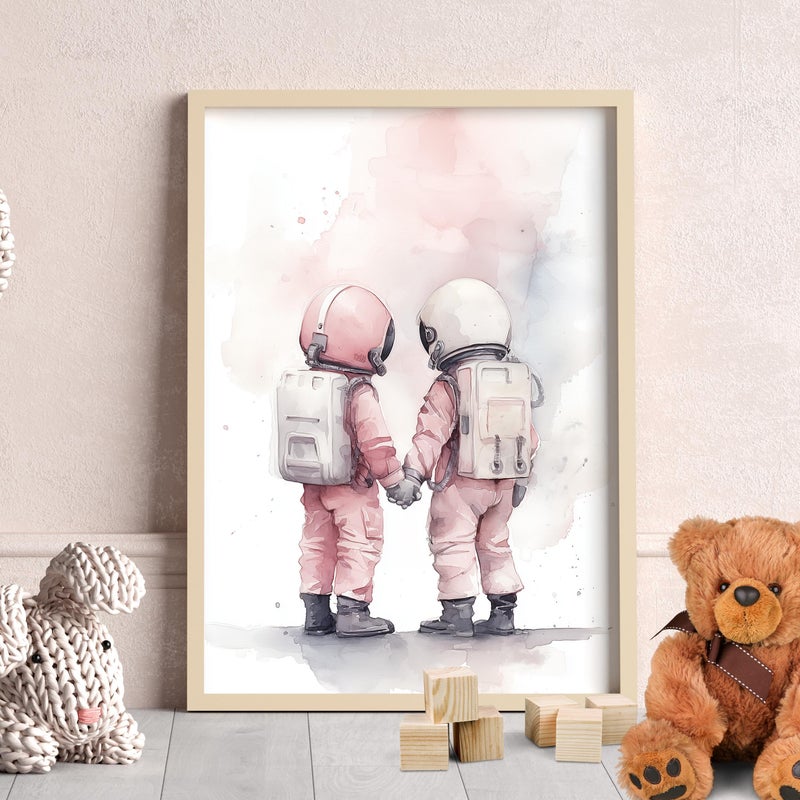 TNESSENTIAL Pink Nursery Decor Space Twin Girls Outer Space Artwork Poster or Canvas, Minimalist Nursery Wall Art, Watercolor Astronaut Space Print - Image 3