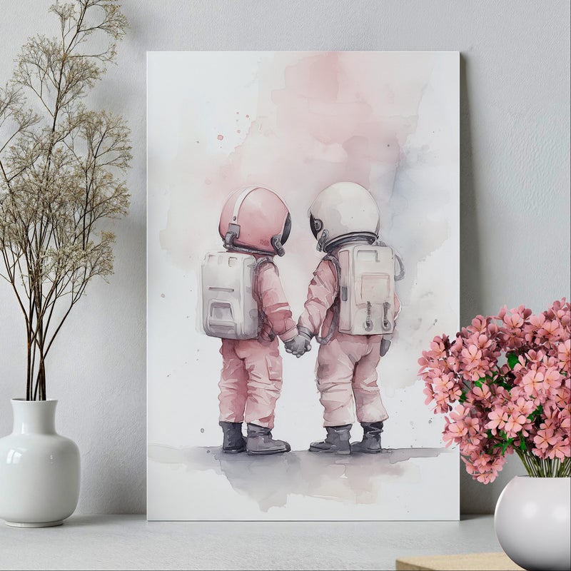 TNESSENTIAL Pink Nursery Decor Space Twin Girls Outer Space Artwork Poster or Canvas, Minimalist Nursery Wall Art, Watercolor Astronaut Space Print - Image 5
