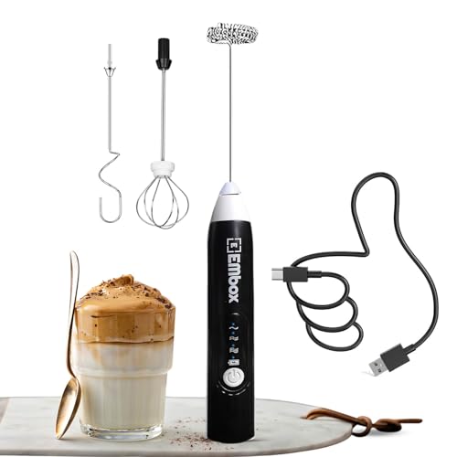 EMBOX Coffee Frother Electric | Coffee Maker | Double Spring Kit with Type-C Rechargeable Cord | Milk frother for Cappuccino Cream and Egg Whisker | Electric Blender Mixer (3 Whisk, Black) - Image 1