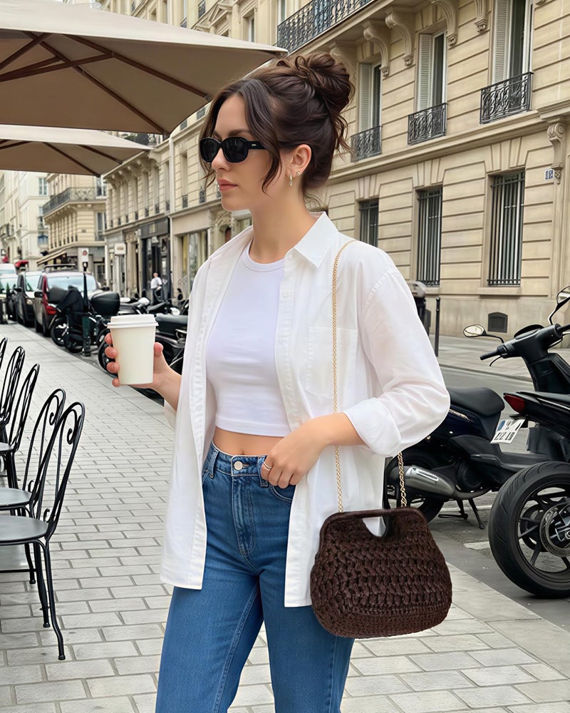 Herald Straw Woven Clutch Purse for Women, Beach Cloud Dumpling Pouch Evening Shoulder Crossbody Bag with Gold Chain (Coffee) - Image 3