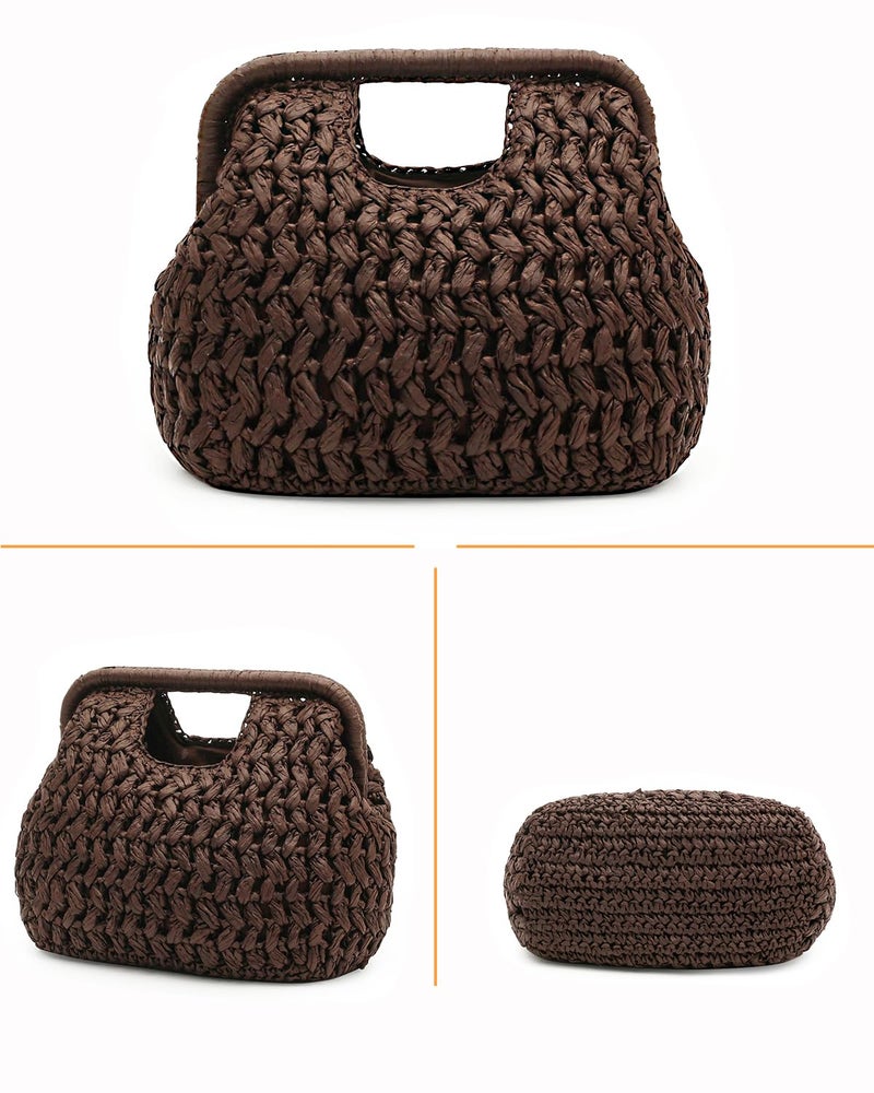 Herald Straw Woven Clutch Purse for Women, Beach Cloud Dumpling Pouch Evening Shoulder Crossbody Bag with Gold Chain (Coffee) - Image 5