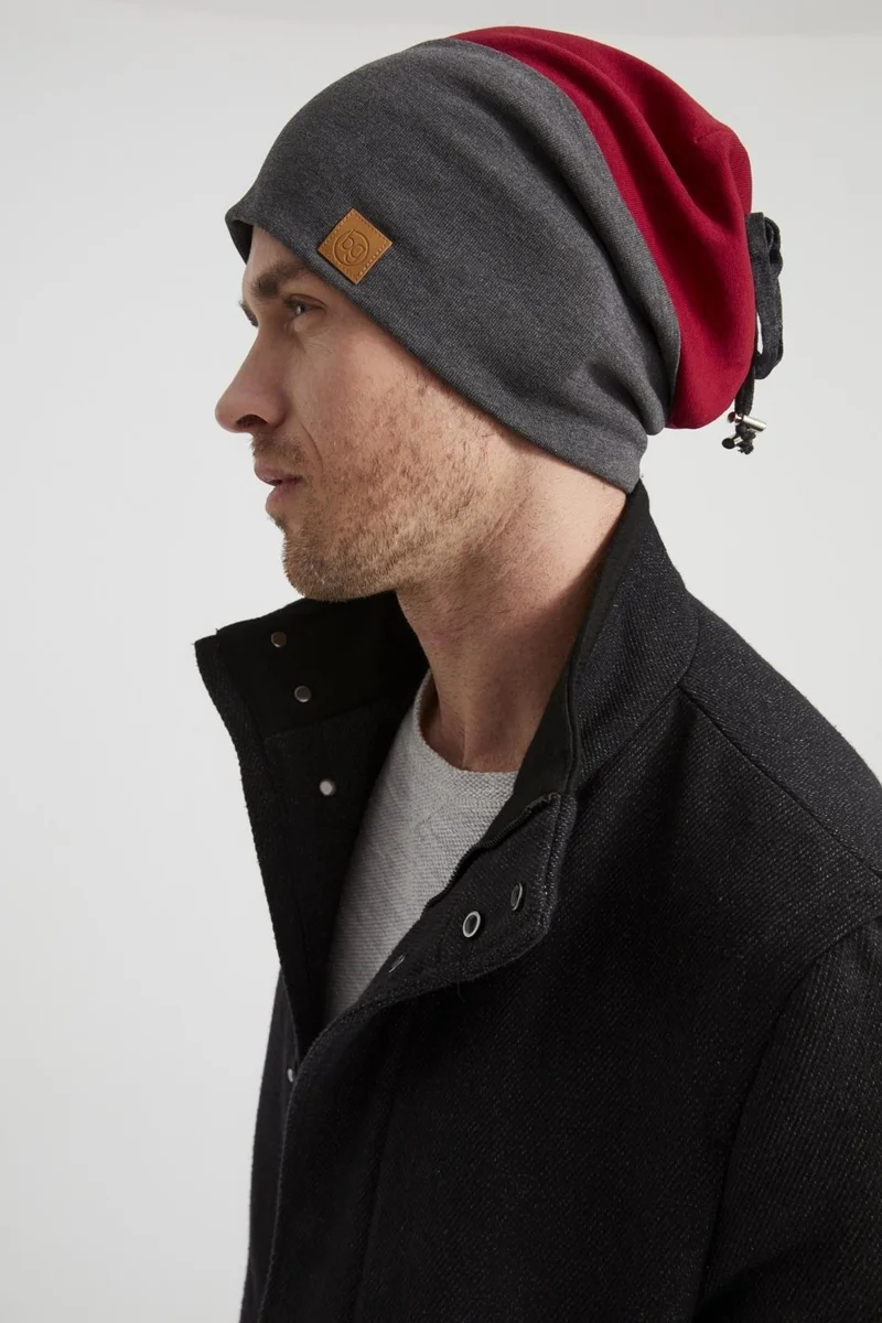 بوتيكجيز Men's Young New Season Smoked Red Piece Rope Hat Beanie Sports Comfortable Cotton Thermal