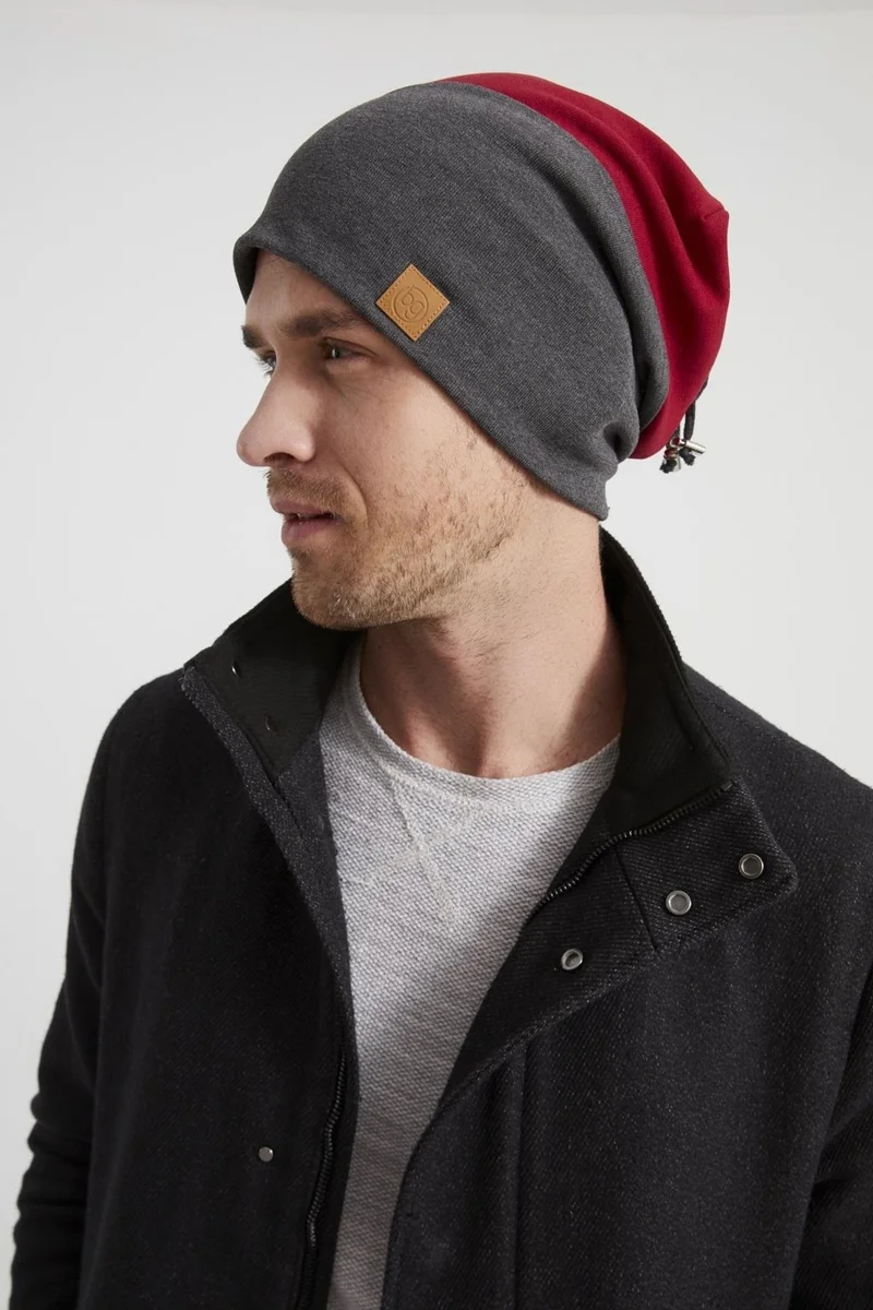 بوتيكجيز Men's Young New Season Smoked Red Piece Rope Hat Beanie Sports Comfortable Cotton Thermal