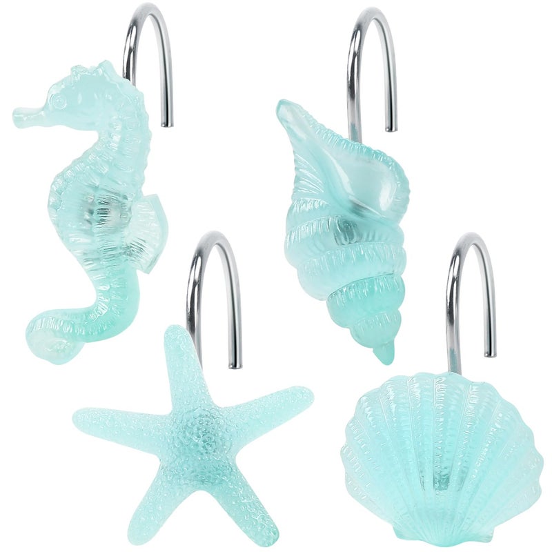 SIMPLE CLEVER HOMES 365 Beach Shower Curtain Hooks Glow in The Dark Creative Blue Starfish Seashell Conch and Seahorse Coastal Theme Ocean Seaside Pretty Bathroom Dcor