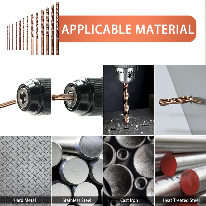 KENDO 13PCS Cobalt Drill Bit Set(1/16"-1/4"), M35 High Speed Steel, 135 Degree Tip, Twist Jobber Length Drill Bits Set for Hard Metal, Stainless Steel, Cast Iron and Wood with Metal Storage Case - Image 5