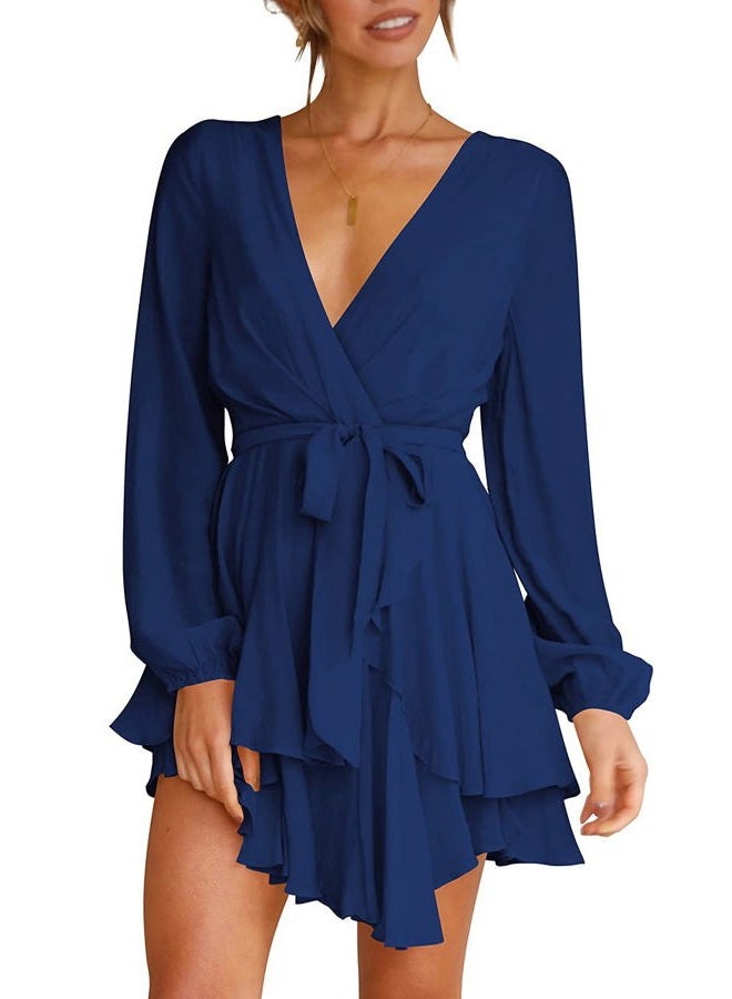 Cosonsen Womens Fall Dress Deep V-Neck Long Sleeve Tie Waist Ruffle Mini Dresses Navy Blue XXL - Image 1
