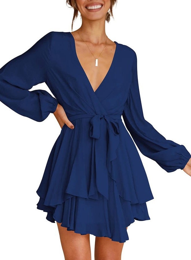 Cosonsen Womens Fall Dress Deep V-Neck Long Sleeve Tie Waist Ruffle Mini Dresses Navy Blue XXL - Image 4