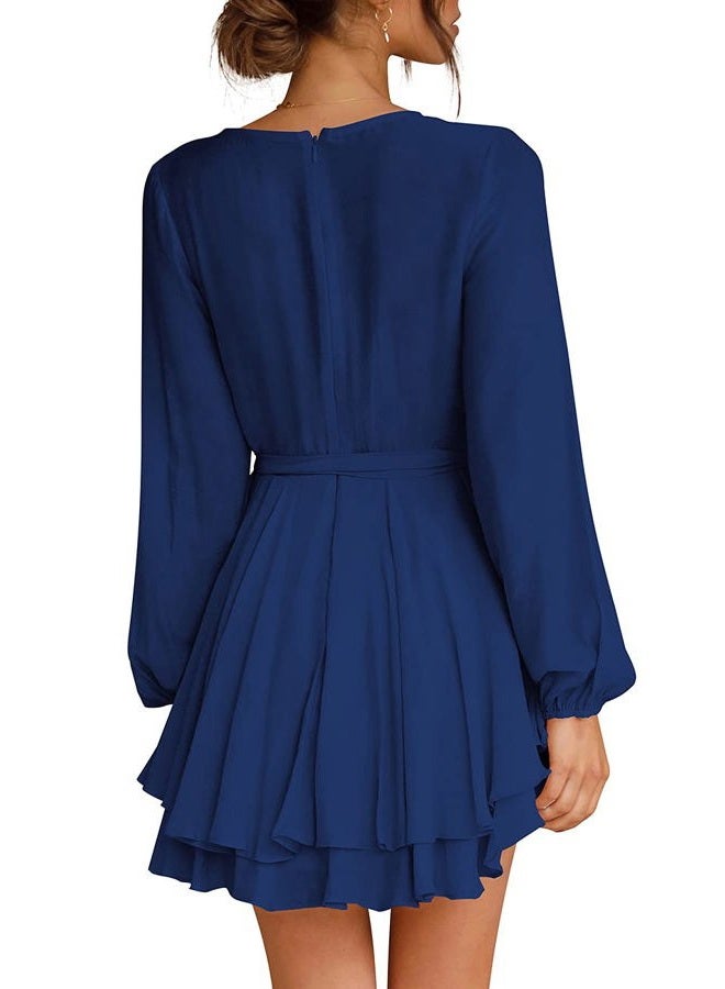 Cosonsen Womens Fall Dress Deep V-Neck Long Sleeve Tie Waist Ruffle Mini Dresses Navy Blue XXL - Image 3