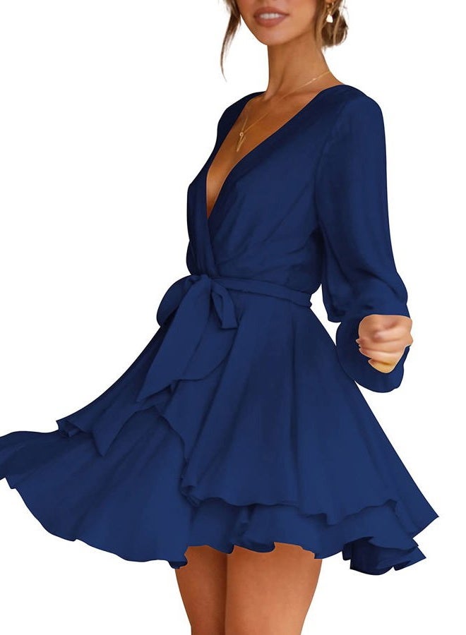 Cosonsen Womens Fall Dress Deep V-Neck Long Sleeve Tie Waist Ruffle Mini Dresses Navy Blue XXL - Image 2