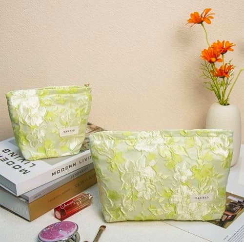 getgto 2 Pcs Makeup Bags, Large Cosmetic Bag Travel Toiletry Bag Organizer for Women, Embroidery Craft, Floral Makeup Bag Small Cosmetic Pouch Purse with Zipper Gifts for Girls Teen - Image 2