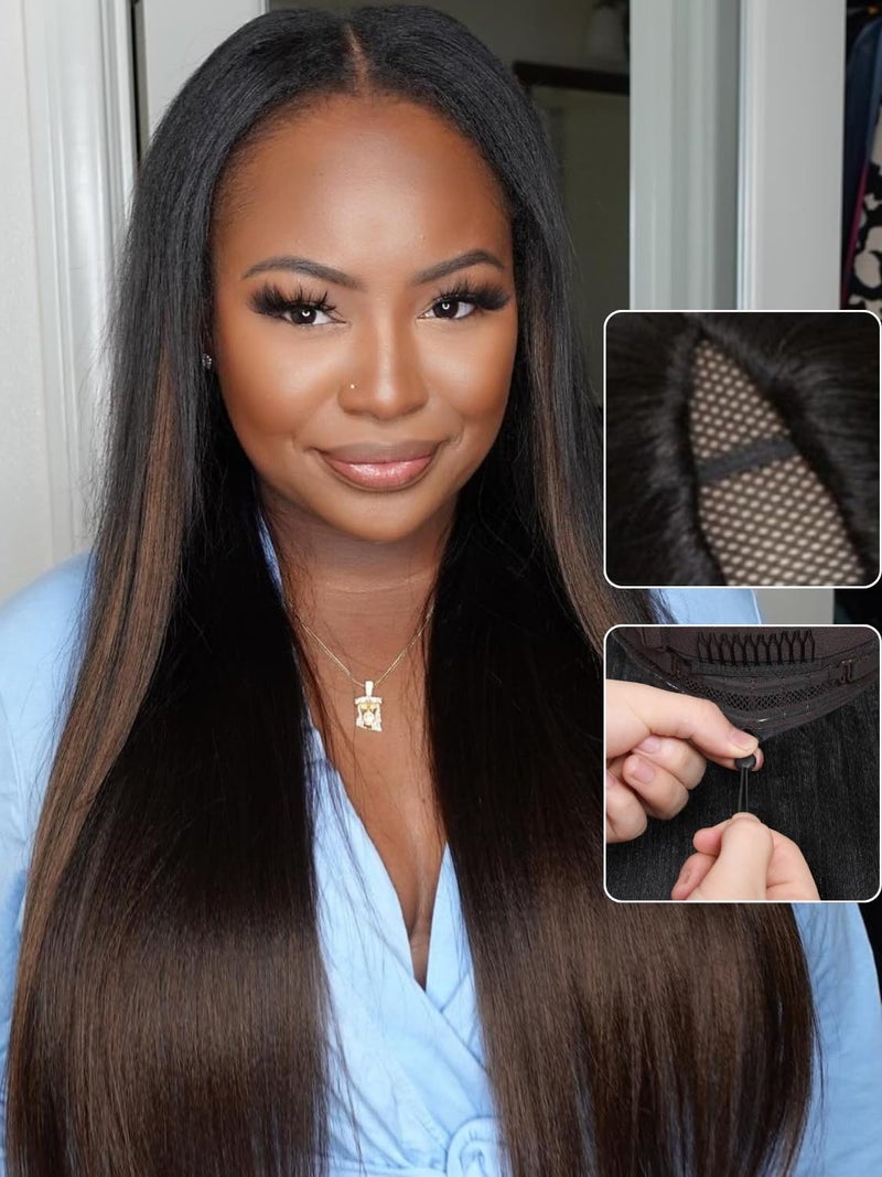 Nadula EasiContour Yaki Straight V Part Wig Human Hair with Drawstring No Leave Out Black to Chestnut Brown Ombre Highlight Clip in Vpart WigGlueless Upgrade Yaki U Part Wig 180 Density 14inch