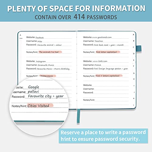 Blugool Password Book with Alphabetical Tabs, Hardcover Password Keeper, Password Notebook Organizer for Computer and Internet Address Website Login, Gifts for Home and Office, 4.4''x 5.8''- Blue - Image 4
