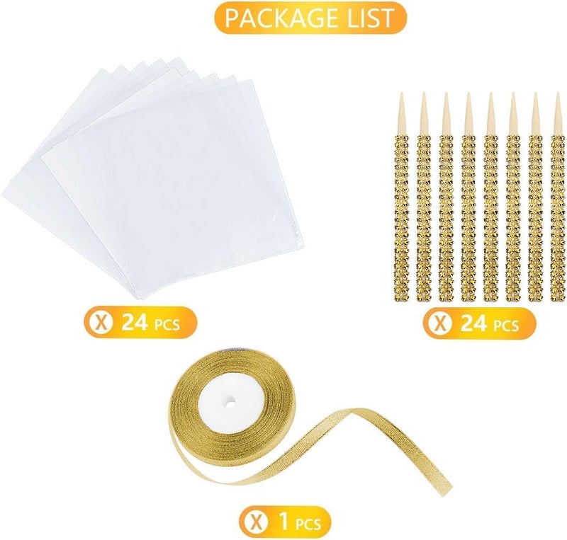 MGWOTH 24 Pack Bling Candy Apple Sticks and Bags Kits, Caramel Apple Wooden Skewers,Food Bamboo Decorative Sticks for Rice Krispie Treats Cookie Cake Pops Corn Dogs with Glass Wrapper Glitter Ribbons Tie - Image 4