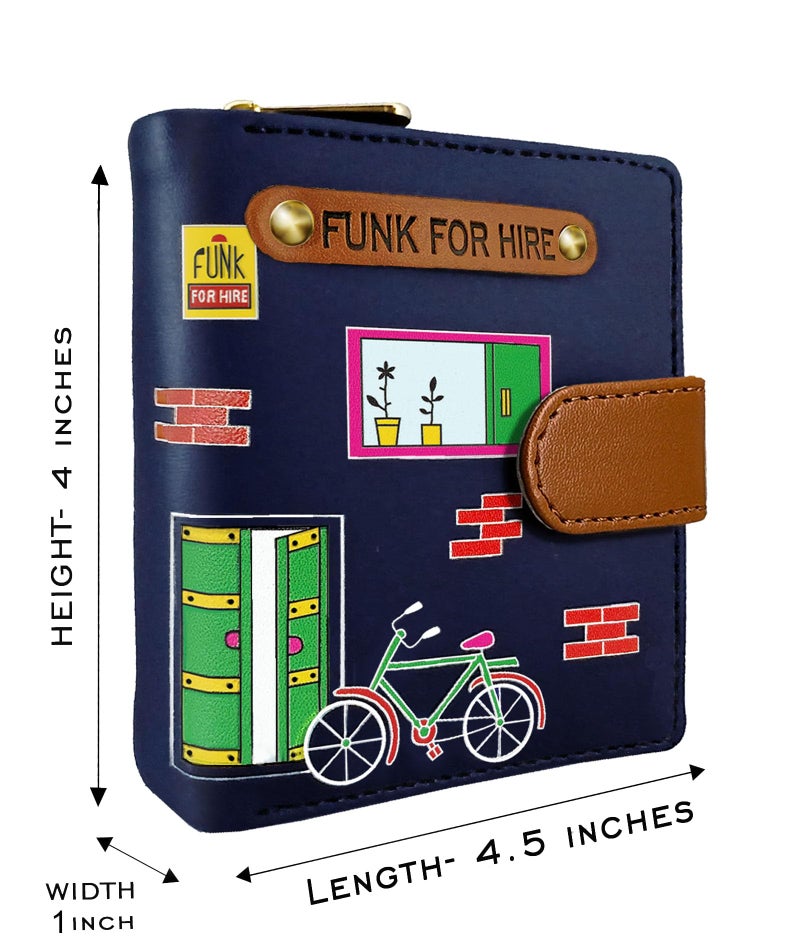 Funk For Hire Women’s Cycle Printed Navy Blue Vegan Leather Square Wallet with 6 Card Slots, Cash Compartment, Zippered Coin Pouch, Compact Two Fold Design, Brown Interior - Image 2