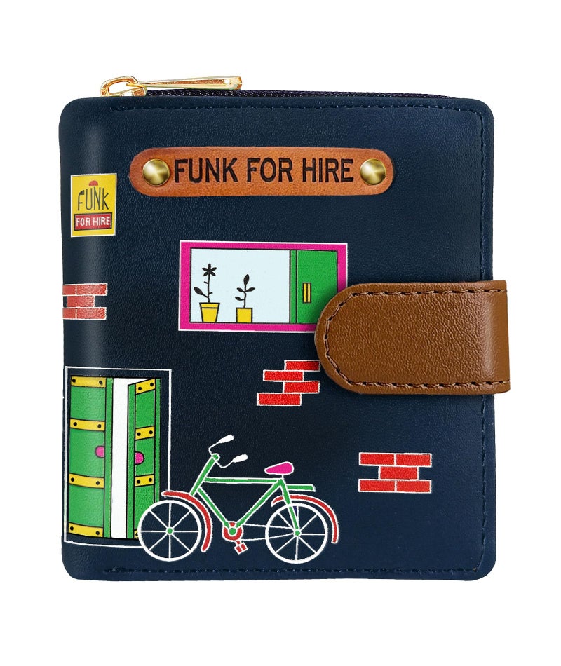 Funk For Hire Women’s Cycle Printed Navy Blue Vegan Leather Square Wallet with 6 Card Slots, Cash Compartment, Zippered Coin Pouch, Compact Two Fold Design, Brown Interior - Image 1