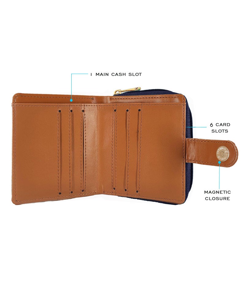 Funk For Hire Women’s Cycle Printed Navy Blue Vegan Leather Square Wallet with 6 Card Slots, Cash Compartment, Zippered Coin Pouch, Compact Two Fold Design, Brown Interior - Image 5