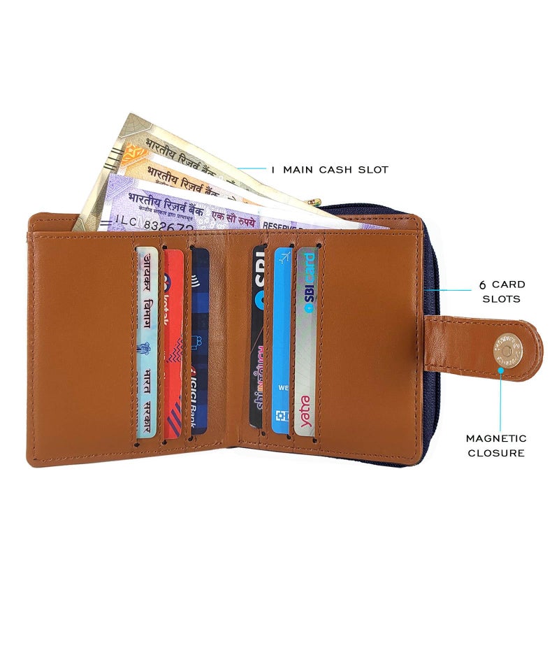 Funk For Hire Women’s Cycle Printed Navy Blue Vegan Leather Square Wallet with 6 Card Slots, Cash Compartment, Zippered Coin Pouch, Compact Two Fold Design, Brown Interior - Image 3