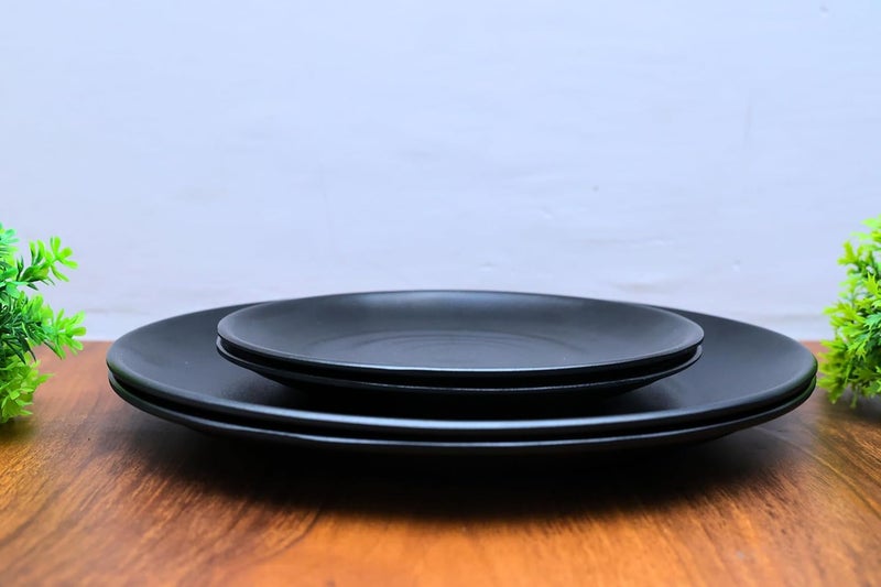 Amar Industries Melamine Dinner Set Matte Black Spiral Design Elegant Unabreakable Durable Stylish Full Plates and Half Plates Set of 4 - Image 1