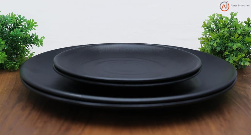 Amar Industries Melamine Dinner Set Matte Black Spiral Design Elegant Unabreakable Durable Stylish Full Plates and Half Plates Set of 4 - Image 3