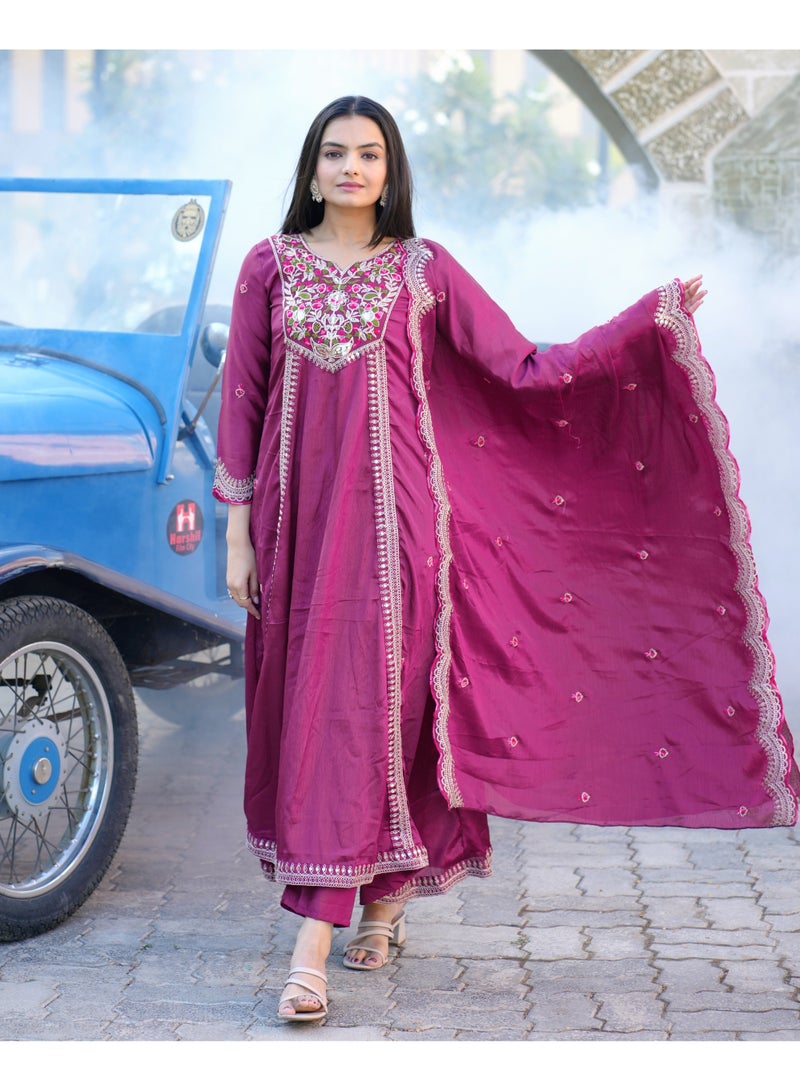 New Designer Purple Embroidered Chinnon Gown with coding sequence embroidered work  - Image 2