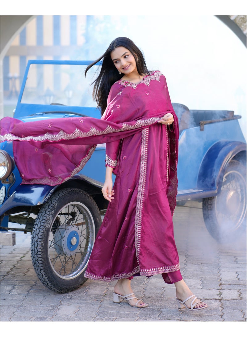 New Designer Purple Embroidered Chinnon Gown with coding sequence embroidered work  - Image 3
