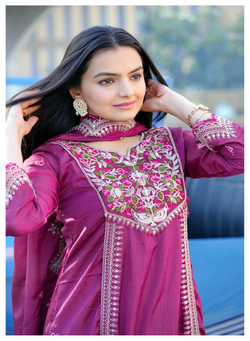 New Designer Purple Embroidered Chinnon Gown with coding sequence embroidered work  - Image 4