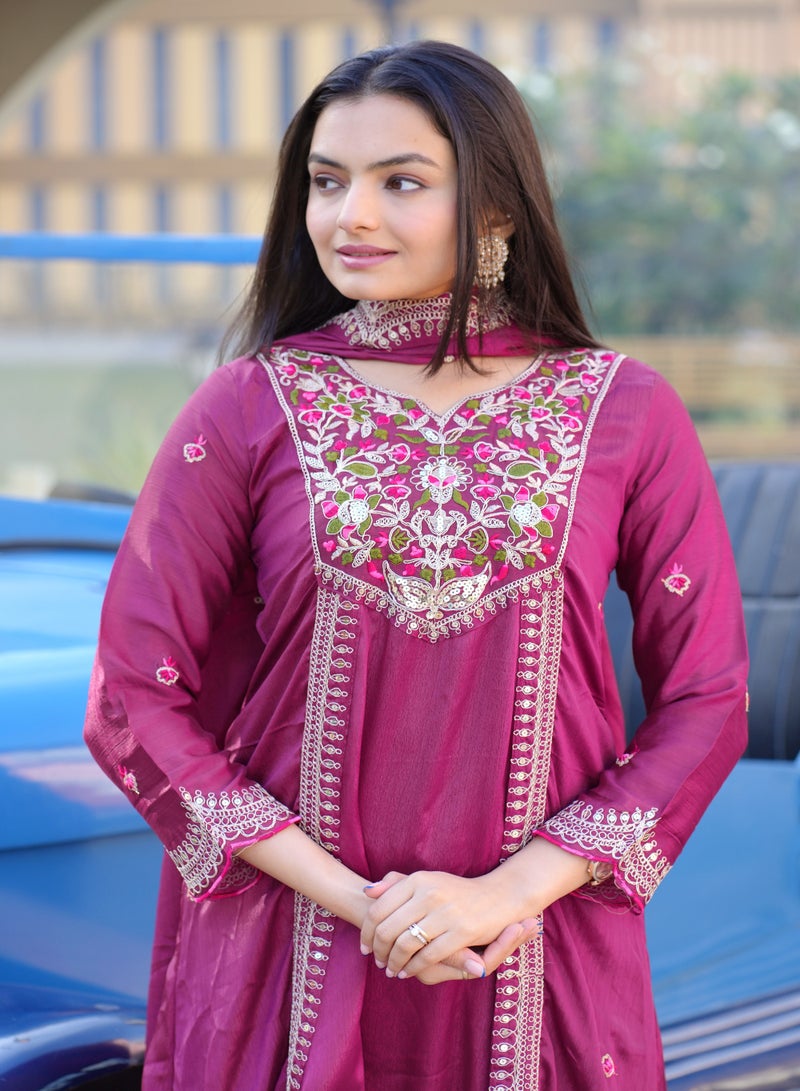 New Designer Purple Embroidered Chinnon Gown with coding sequence embroidered work  - Image 5