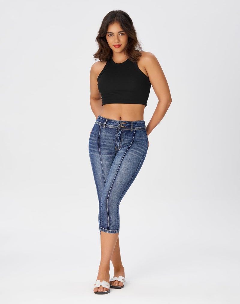 roswear Womenâ€™s Capri Pants Trendy Mid Rise Skinny Stretchy Front Seam Denim Jeans Blue Medium - Image 2