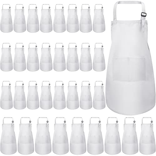 Handepo 35 Pcs Children Artists Aprons Adjustable Chef Apron Kids Painting Aprons for Cooking Kitchen Grilling PaintingWhite Age 713 - Image 1