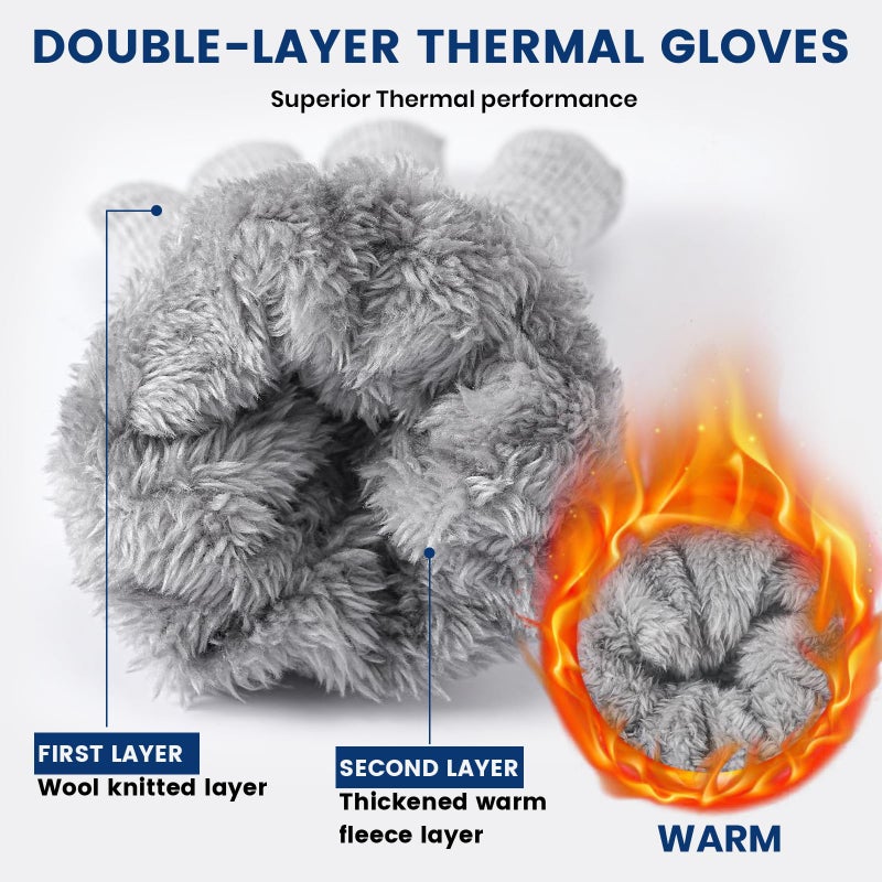 Premillow Winter Gloves - Gloves for Men Women, Wool Fleece Liner Mens Gloves with Touchscreen, Warm Knit Gloves for Women Cold Weather, Light Gray XL - Image 3