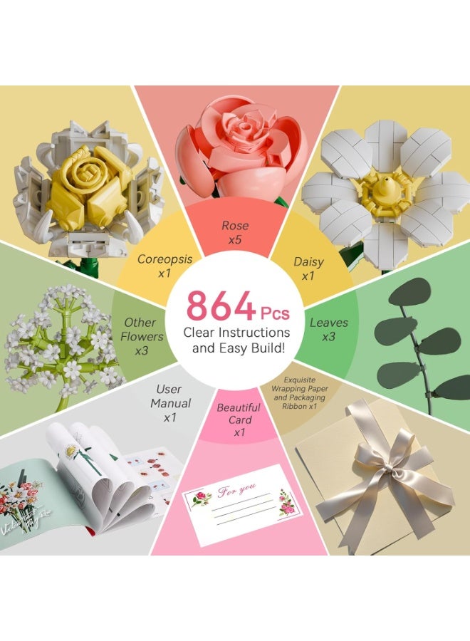 VTERLY Flower Bouquet Building Blocks Set - Artificial Flowers with Roses for Home Decor, for Christmas, Mother's Day, or Valentine's Gifts Ideal for Kids, Women,Girls, DIY Mini Micro Bricks Kits - Image 3
