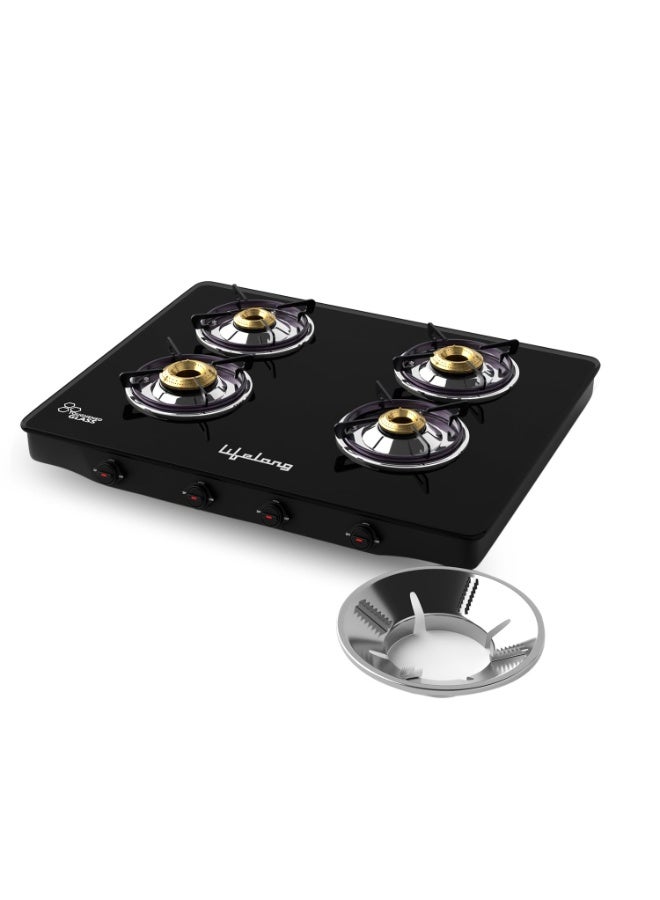 Lifelong 4 Burner Gas Stove with Free Gas Saver | Manual Ignition Cooktop, Modern Glass Stove Top for Modular Kitchen, ISI Certified & Compatible with LPG |1 Year Manufacturer’s Warranty (LLGS27GSS) - Image 1